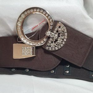 Brown Crystal-Accent Leather Waist Belt